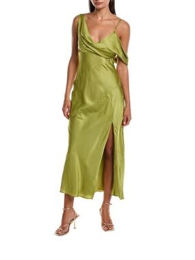 Nicholas Finley Olive / Moss / Pea Green Draped Asymmetrical Slip Midi Dress
